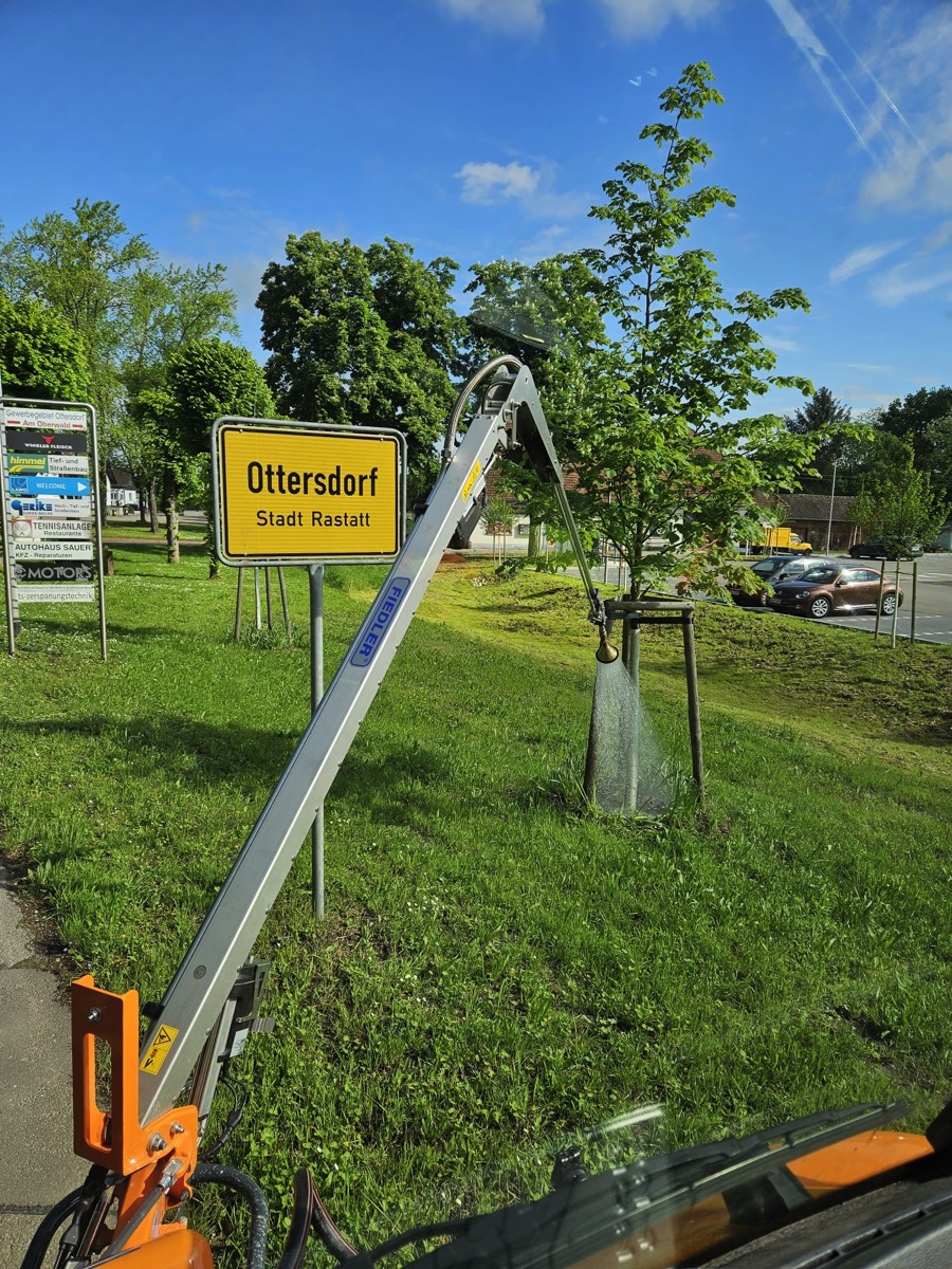 Ein mechanischer Arm mit einem Schlauch führt eine Bewässerung durch und bewässert einen neu gepflanzten Baum, der von Holzpfählen gestützt wird und sich in einer grasbewachsenen Grünfläche in Baden-Württemberg befindet, die von weiteren Bäumen und üppiger Vegetation umgeben ist.